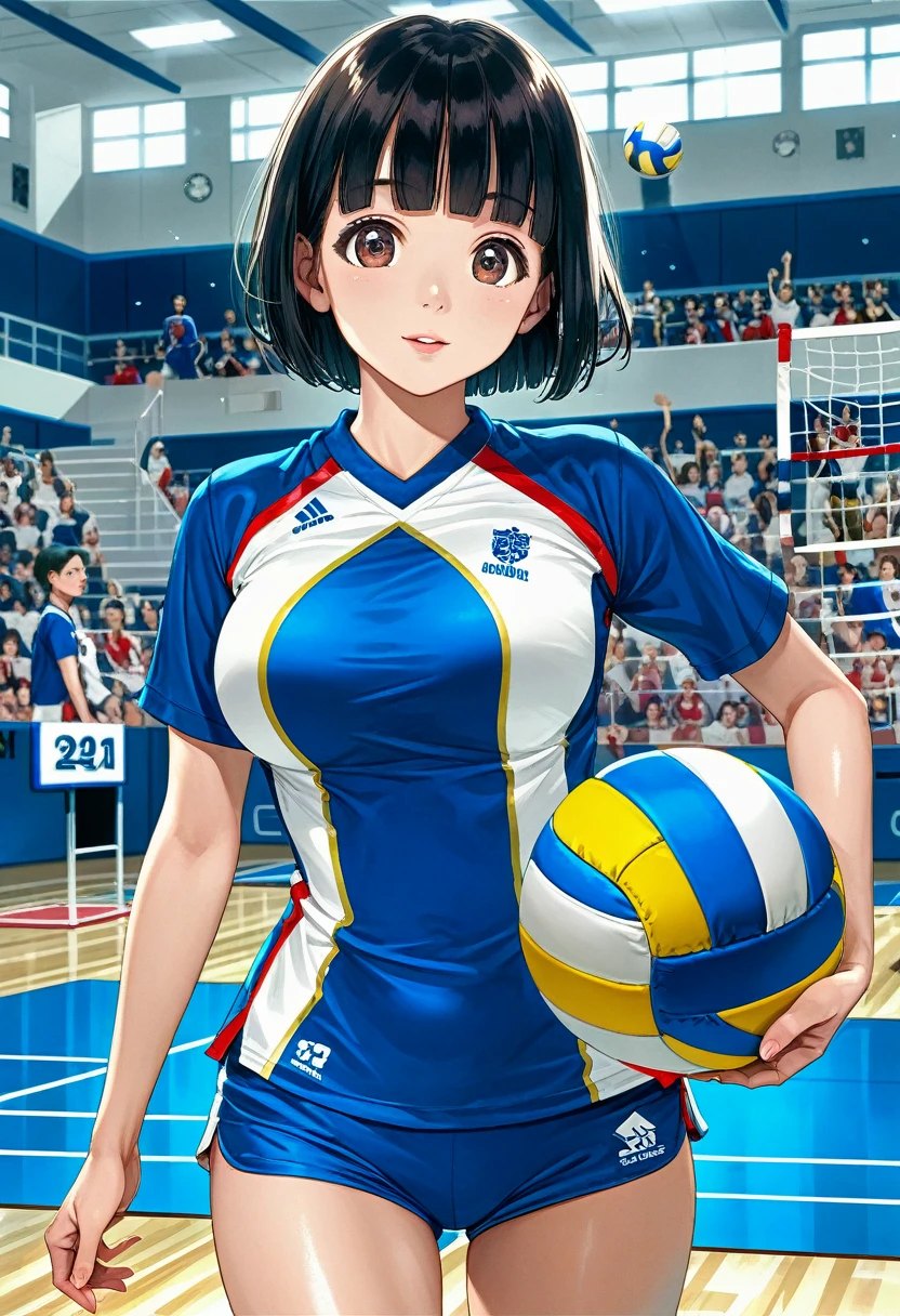 score_9,score_8_up,score_7_up,masterpiece,best quality, source anime, realistic, super detailed, extreme detailed, rating_safe,
1girl, solo, 22yo, short hair, bob cut, (blunt bangs), black hair, (tareme, detailed cute brown eyes), curled eyelashes, (large breasts:0.9),
shiny hair, beautiful detailed eyes, beautiful face,
Playing Volleyball, Volleyball uniforms, cowboy shot,
Gymnasium, Volleyball Courts, Olympics, Japan National Team, audience,