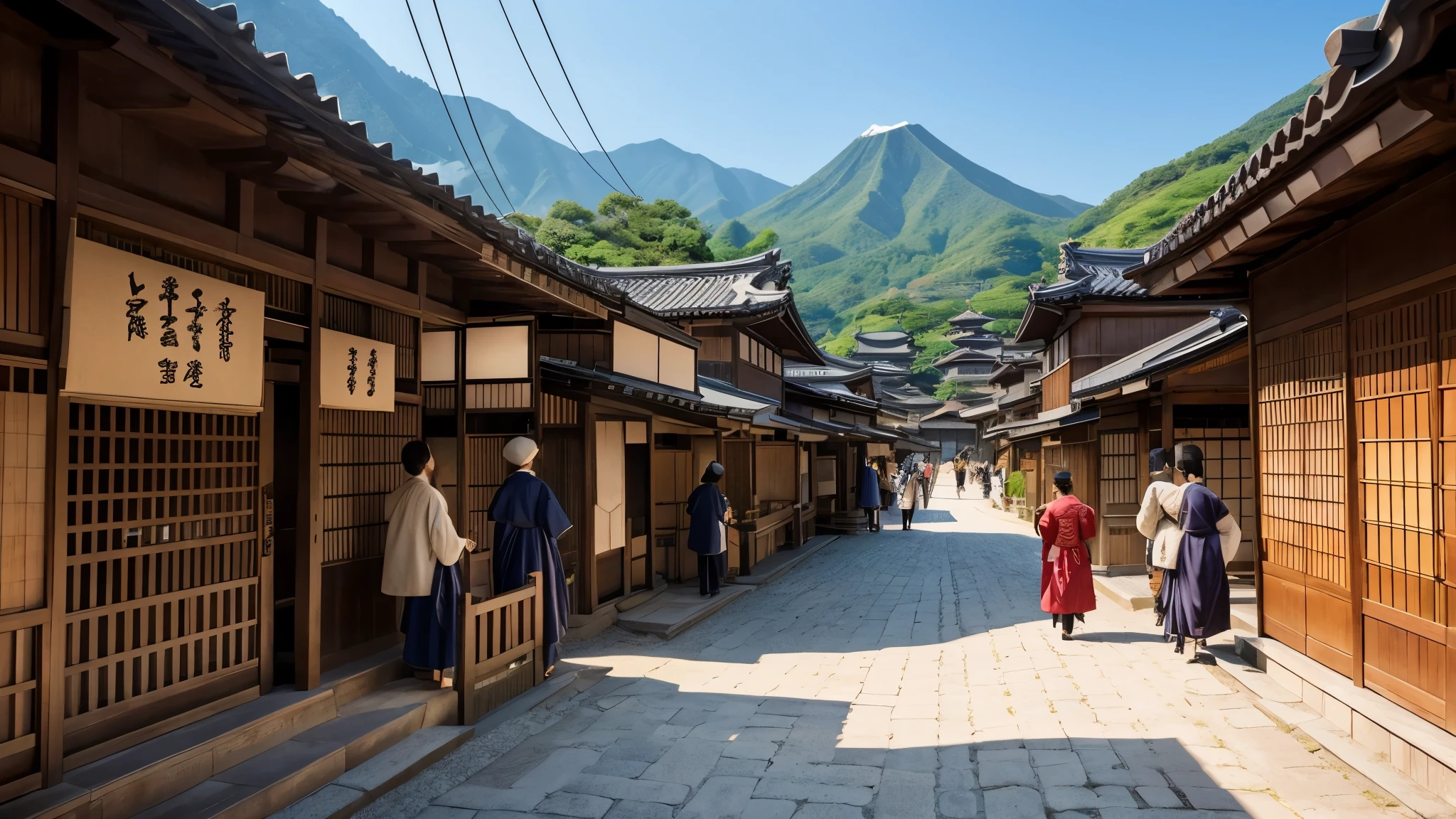 Townscape of the Edo period in Japan A lot of people merchant warrior The town is lively with young girls. Both men and women are wearing kimonos The main character is a beautiful woman, standing alone in the foreground I can see a temple on the mountain in the distance