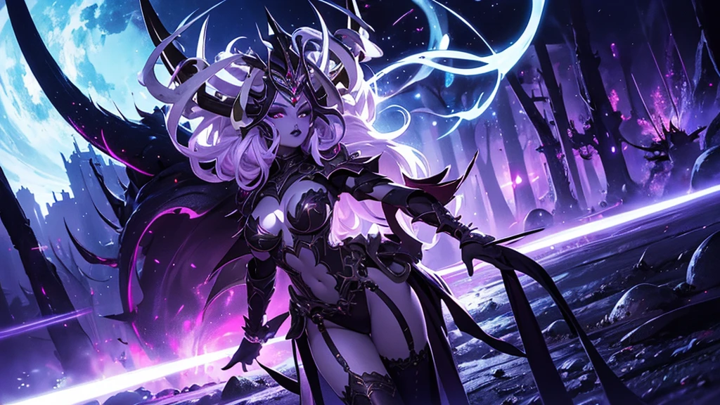 Nice Alluring female drow knight, She wears an ornate horned crown, Mythology theme, fantasy themed, purple skin, light long white hair, red eye, one cup size extremely small breasts, Inside A magical dark bioluminescent mushroom forest, Barely dressed, Gothic Bikini Armor with Spikes, Nice D&d Character portrait, Nice Fantasy, Detailed, digital art, extreme detail, polished, Nice, Hyperdetailed, complicated, well thought out, Carefully, Anime Figure, Detailed, Anime face, keen focus, unreal engine, 3D rendered, volumetric lightning, reflections, glittering, digitale Illustration, sensual pose, Suggestive pose, Full body shot, small perky breasts, anatomically correct 💖❤💕💋❣