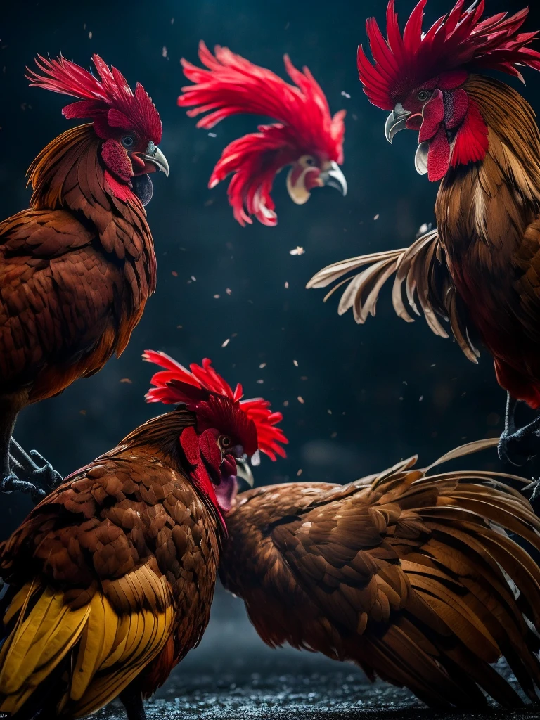 Two roosters locked in a fierce battle in a dimly lit arena, their eyes locked in a display of intense rage. This cinematic fight scene captures the intensity of their struggle as they clash with ferocity. The image is a detailed painting that showcases the intricate feathers of the roosters, their gleaming eyes, and the tension in their bodies as they face off. Every brushstroke exudes a sense of drama and adrenaline, drawing the viewer in with its vivid and dynamic portrayal of this high-stakes confrontation.