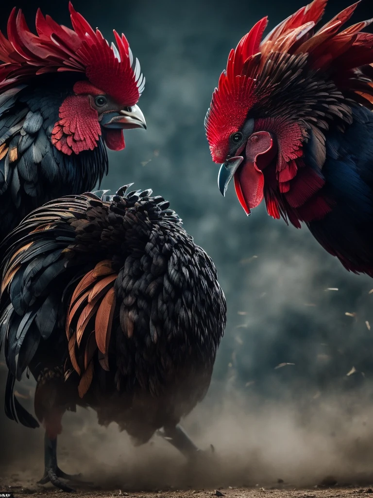 Two roosters locked in a fierce battle in a dimly lit arena, their eyes locked in a display of intense rage. This cinematic fight scene captures the intensity of their struggle as they clash with ferocity. The image is a detailed painting that showcases the intricate feathers of the roosters, their gleaming eyes, and the tension in their bodies as they face off. Every brushstroke exudes a sense of drama and adrenaline, drawing the viewer in with its vivid and dynamic portrayal of this high-stakes confrontation.