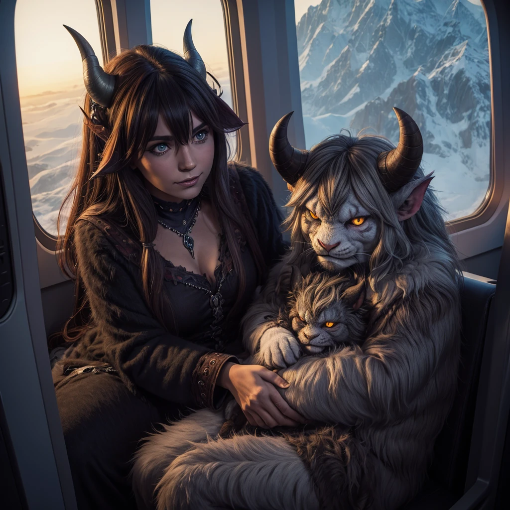 Horned shaggy demon, Creature, sitting next to a , hugs her, on the plane by the window, A high resolution, detailing 