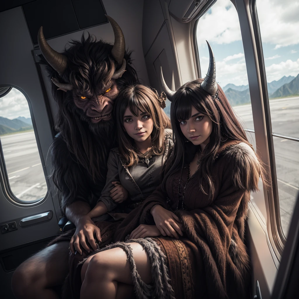 Horned shaggy demon, Creature, sitting next to a , hugs her, on the plane by the window, A high resolution, detailing