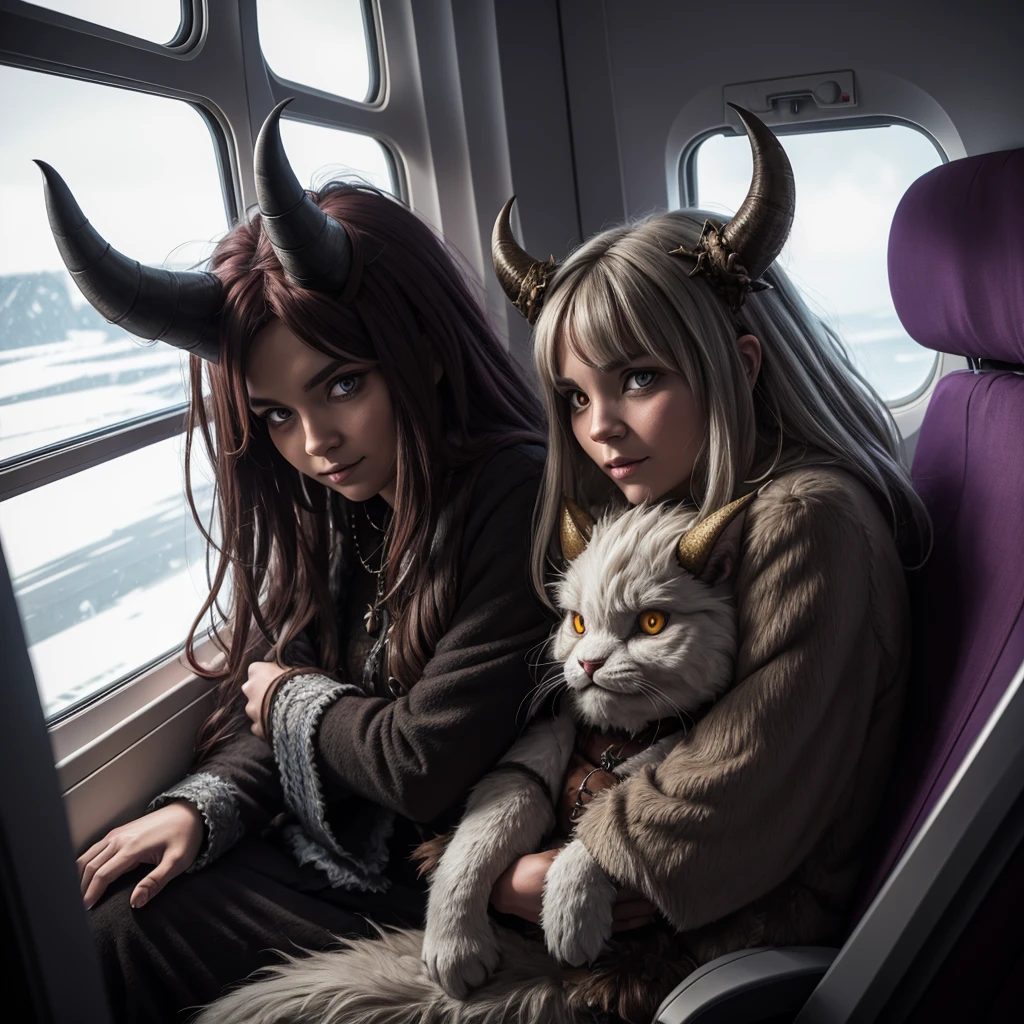 Horned shaggy demon, Creature, sitting next to a , hugs her, on the plane by the window, A high resolution, detailing