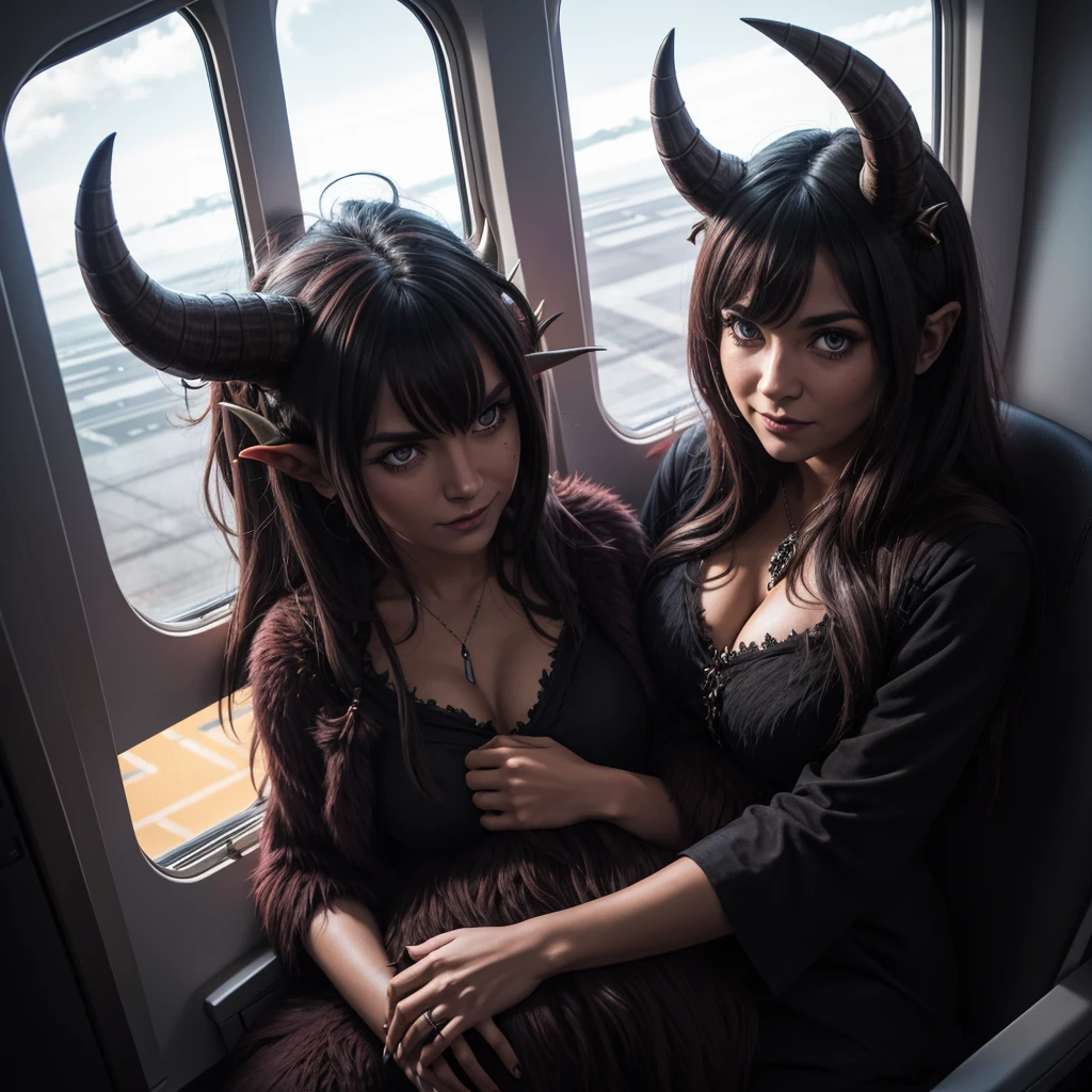 Horned shaggy demon, Creature, sitting next to a , hugs her, on the plane by the window, A high resolution, detailing