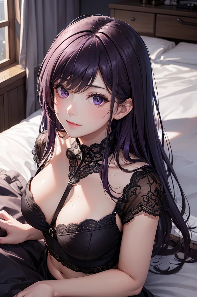 (Best Quality,High resolution,8K,finelity detailed background,Masterpiece:1.2),beautiful girl,Shiny purple hair,messy hair,Purple Eyes,Gentle look,A refreshing look,Best quality,Best Quality,Aesthetic and aesthetic:1.2,Best details((Super detailed))(High-definition CG illustrations),Black underwear (black,intricate lace),Slender body,Late Night,Moonlit Night,Bedroom,On the bed,smile,blush,cute,Scrounge,Looking up,Being spoiled,super model,wariza,shoot from above