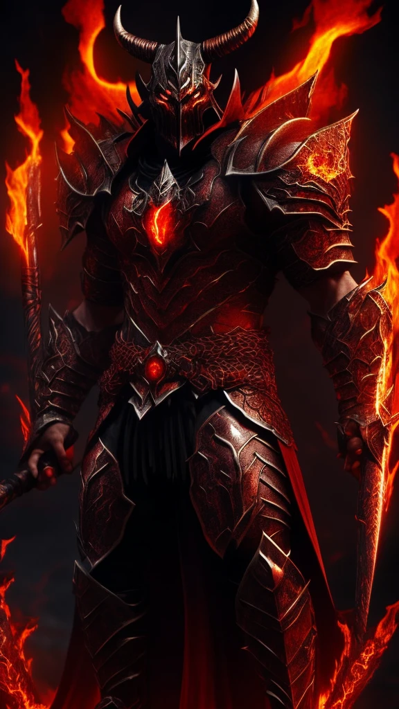 A powerful demon warrior standing in a dark, fiery setting, with glowing red eyes, large curved horns, and muscular armor. The demon has a menacing expression and is surrounded by flames. Detailed and epic fantasy style.