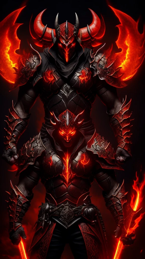 A powerful demon warrior standing in a dark, fiery setting, with glowing red eyes, large curved horns, and muscular armor. The demon has a menacing expression and is surrounded by flames. Detailed and epic fantasy style.