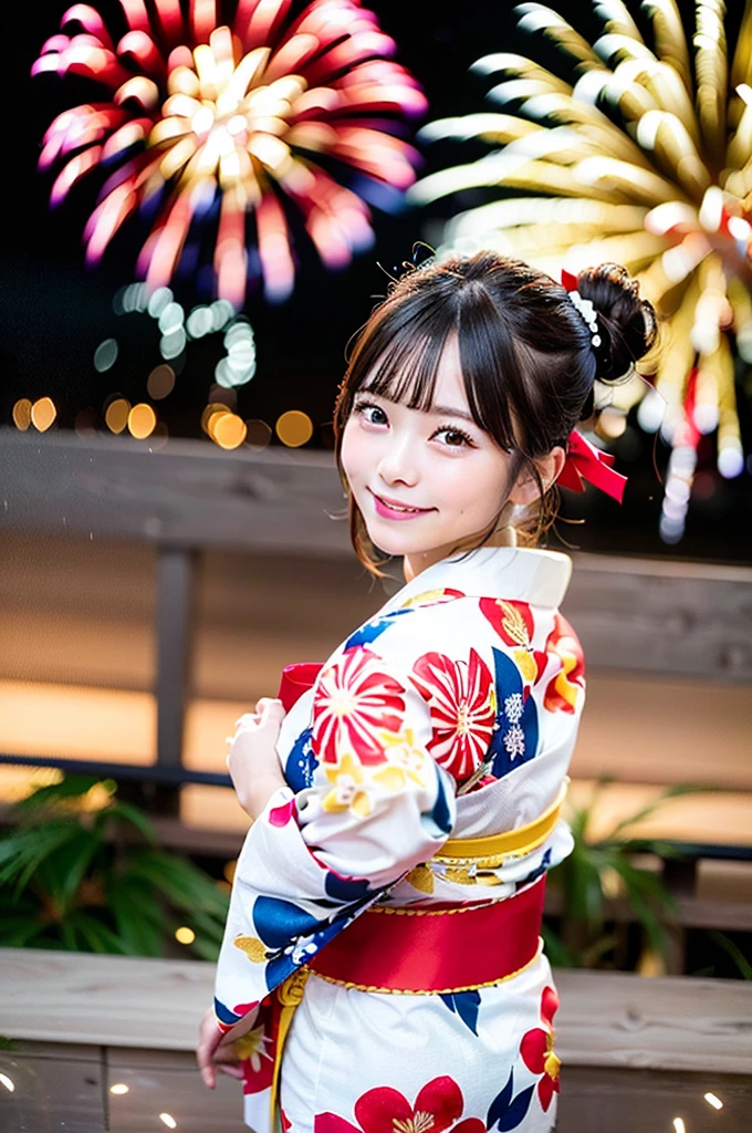 ((Highest quality, 8K, masterpiece: 1.3)),RAW Photos,Realistic atmosphere,Lens flare, Ray Tracing,(Detailed beautiful white skin:1.3),Beautiful Japanese, High-resolution face,Bun Hair,Red and gold hair ornament,(Watching the fireworks wearing a floral yukata:1.2),Huge fireworks,(White yukata with sleeves:1.2),((Ribbon-type obi:1.3)),((Looking back with an innocent smile:1.3)),Blurred grand fireworks,(Many colorful fireworks:1.2)Star Mine,Fireworks across the sky,Large fireworks