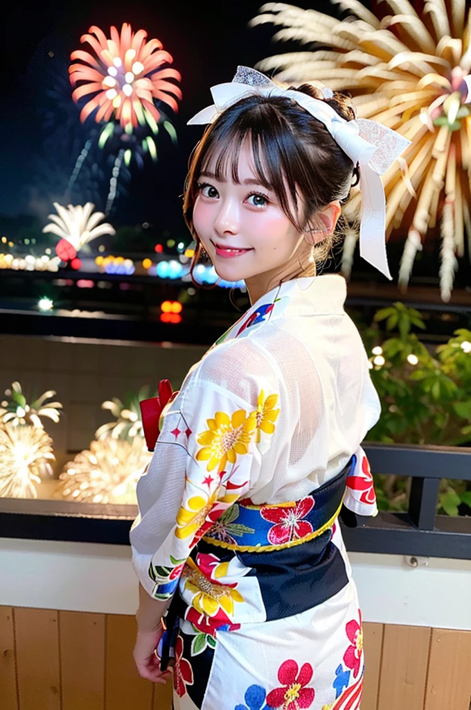 ((Highest quality, 8K, masterpiece: 1.3)),RAW Photos,Realistic atmosphere,Lens flare, Ray Tracing,(Detailed beautiful white skin:1.3),Beautiful Japanese, High-resolution face,Bun Hair,Red and gold hair ornament,(Watching the fireworks wearing a floral yukata:1.2),Huge fireworks,(White yukata with sleeves:1.2),((Ribbon-type obi:1.3)),((Looking back with an innocent smile:1.3)),Blurred grand fireworks,(Many colorful fireworks:1.2)Star Mine,Fireworks across the sky,Large fireworks