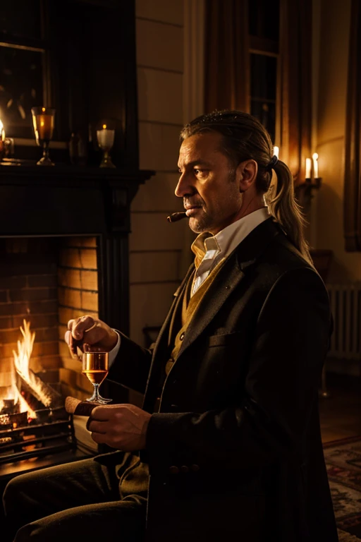 Male of European nationality, 50 years old, with yellow pigtails in a tailcoat sits by a burning fireplace with a cigar and a glass of dark whiskey in a room with windows closed with red curtains