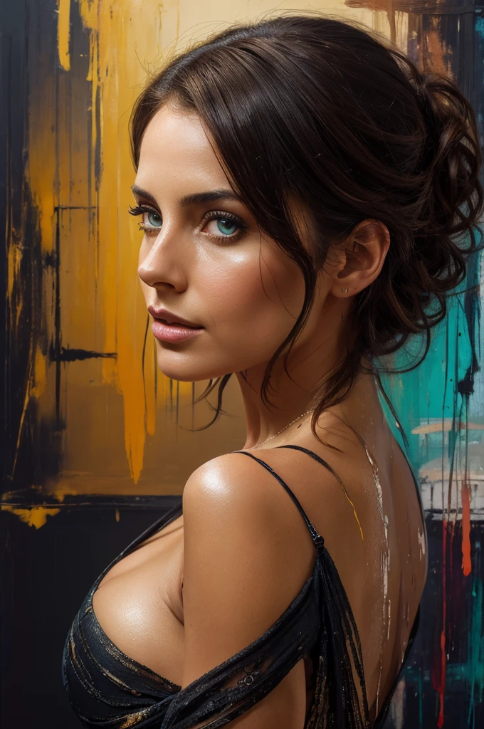 A breathtaking portrait of an elegant Lebanese milf woman, posing in a cinematic setting with soft rim ambient lighting. Her undercut hair frames her face, revealing a cleavage cutout that adds to the allure. Her eyes are perfectly symmetrical and hyper-realistic, with skin texture that seems almost three-dimensional. The camera captures every detail with 8k precision using a DSLR. Fujifilm XT3's exceptional quality is evident in this stunning image. Inspired by Jeremy Mann, Carne Griffiths, and Robert Oxley, the artist combines oil painting techniques with heavy brushstrokes and paint drips to create a masterpiece. Rich, deep colors and layered shading bring depth to the subject. The golden ratio guides the composition, resulting in a perfectly balanced portrait. This award-winning piece is a testament to the artist's skill, deserving of a place on ArtStation alongside Alison Brie's work.