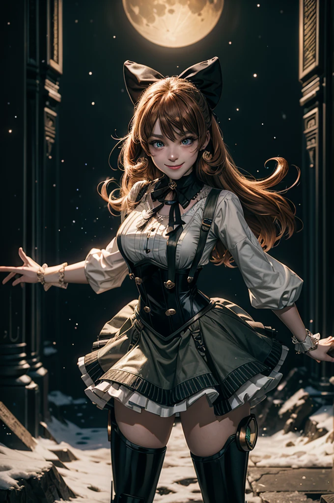 cowboy shot, (dynamic pose), smile,  underbust, Penny Polendina, long hair, neck ribbon, suspender skirt, corset, black bow, white blouse, mechanical legs, neon trim, standing, in planetarium, spectators, crowd, BREAK night, stars, moon, snow, BREAK  (volumetric lighting), intricate details, tonemapping, sharp focus, hyper detailed

