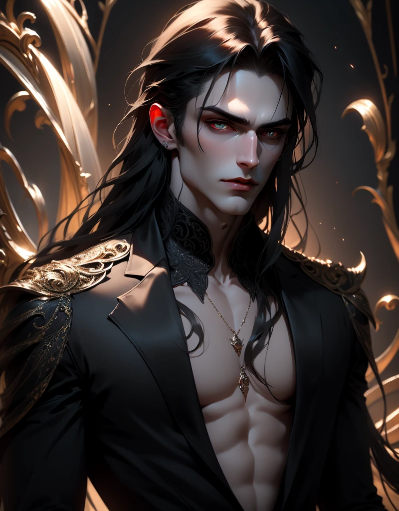 {anatomy}(Masterpiece - Ultra-detailed, very high resolution) Prepare to be enchanted by a true masterpiece that combines ultra-detailed art with high-resolution rendering. This work portrays a vampire man with long black hair (1.3) and captivating golden eyes (1.2), emanating an aura of mystery in decadent settings. The intricate details and realistic textures invite you to explore every aspect of this enchanting composition. Vampire man wearing black. Serious expressions. Pale skin like a vampire.