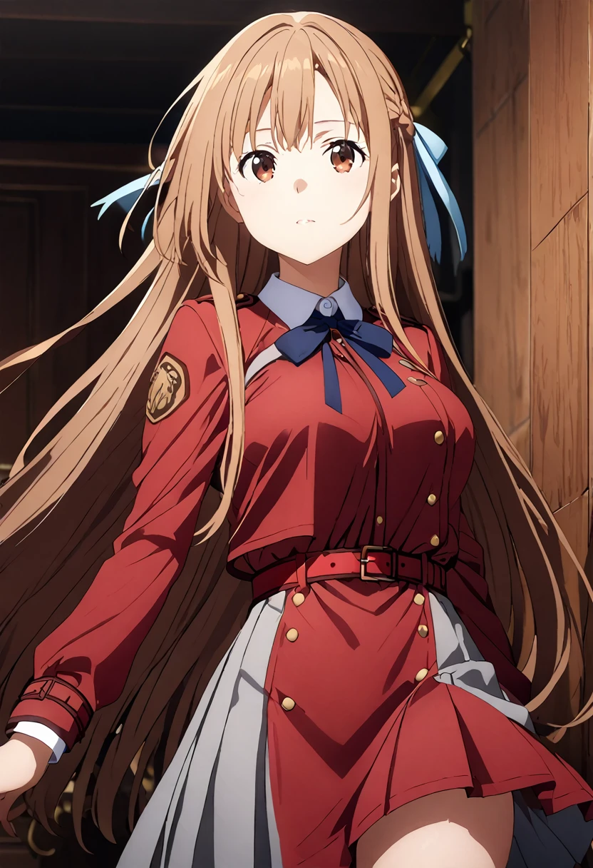 Highest quality、Super detailed、High resolution illustrations、Ultra-high-definition CG、8k size wallpaper、Production Art、Light novel illustrations、asuna yuuki, long hair, bangs, brown hair, brown eyes, very long hair, braid,, shirt, long sleeves, dress, ribbon, white shirt, collared shirt, belt, neck ribbon, red dress, blue ribbon, pleated dress, grey dress, two-tone dress, Red belt, lycoris uniform,