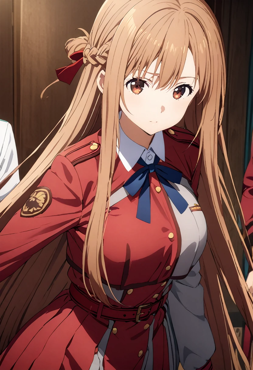 Highest quality、Super detailed、High resolution illustrations、Ultra-high-definition CG、8k size wallpaper、Production Art、Light novel illustrations、asuna yuuki, long hair, bangs, brown hair, brown eyes, very long hair, braid,, shirt, long sleeves, dress, ribbon, white shirt, collared shirt, belt, neck ribbon, red dress, blue ribbon, pleated dress, grey dress, two-tone dress, Red belt, lycoris uniform,
