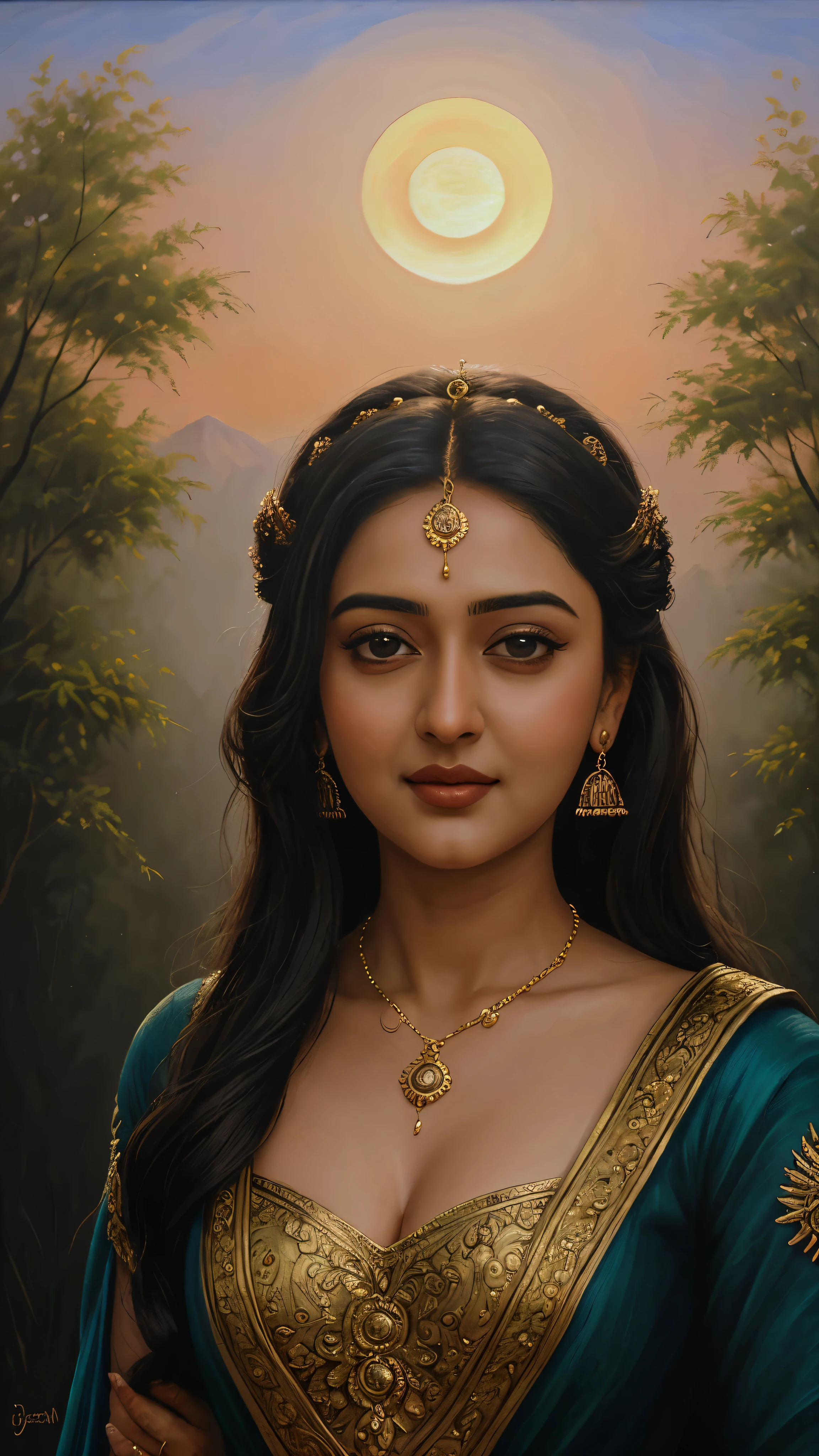 Looks like Anushka Shetty, (masterpiece) Exquisitely detailed painting of Lord Dany., Queen of Dannyland, created by Marie Jean Co in 2008. The portrait shows Lord Dany in a regal and majestic pose., wear intricate clothes in rich colors, surrounded by lush greenery and gold accents. His piercing gaze radiates wisdom and leadership., while his facial expression conveys confidence and strength. The background depicts a serene and idyllic landscape., with the setting sun, casting warm and gentle shades on the stage. The overall picture exudes an ethereal and fairy-tale atmosphere., every brush stroke brings the subtleties of the scene to life.