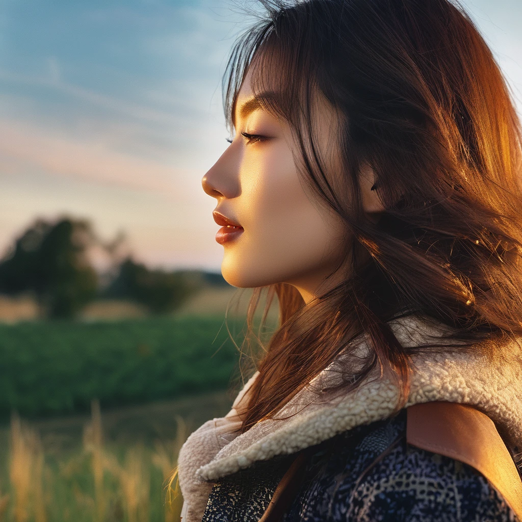 closed lips, cute smile, cinematic photo (art by Mathias Goeritz:0.9) , photograph, from side, most beautiful British-Japanese girl, Random expression,The setting sun, cloud, tilt shift, H, specular lighting, film grain, Samsung Galaxy, F/5, (cinematic still:1.2), freckles . 35mm photograph, film, bokeh, professional, 4k, highly detailed ,1 girl,midjourney,yuzu, perfect, fingers, ,Extremely Realistic