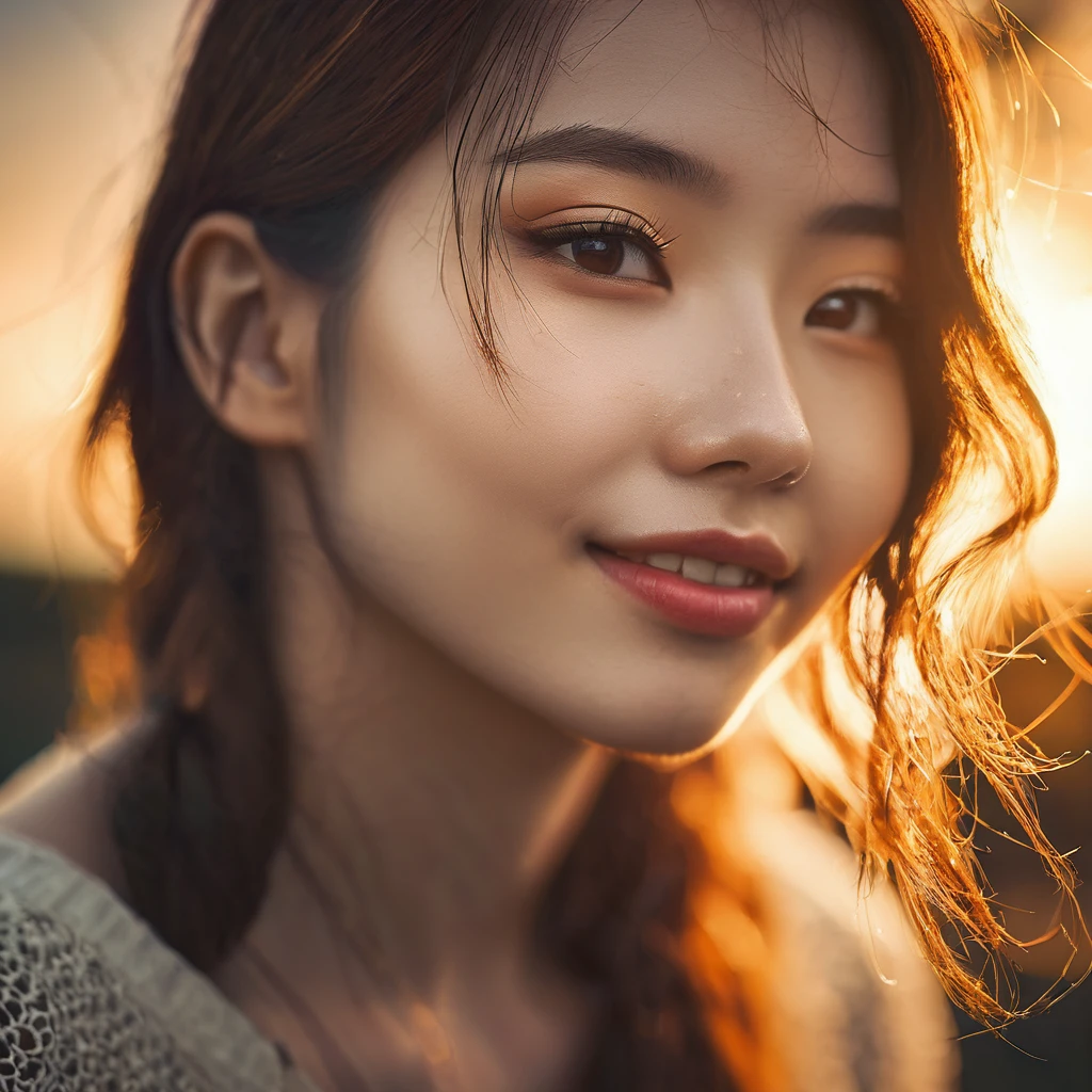closed lips, cute smile, cinematic photo (art by Mathias Goeritz:0.9) , photograph, from side, most beautiful British-Japanese girl, Random expression,The setting sun, cloud, tilt shift, H, specular lighting, film grain, Samsung Galaxy, F/5, (cinematic still:1.2), freckles . 35mm photograph, film, bokeh, professional, 4k, highly detailed ,1 girl,midjourney,yuzu, perfect, fingers, ,Extremely Realistic