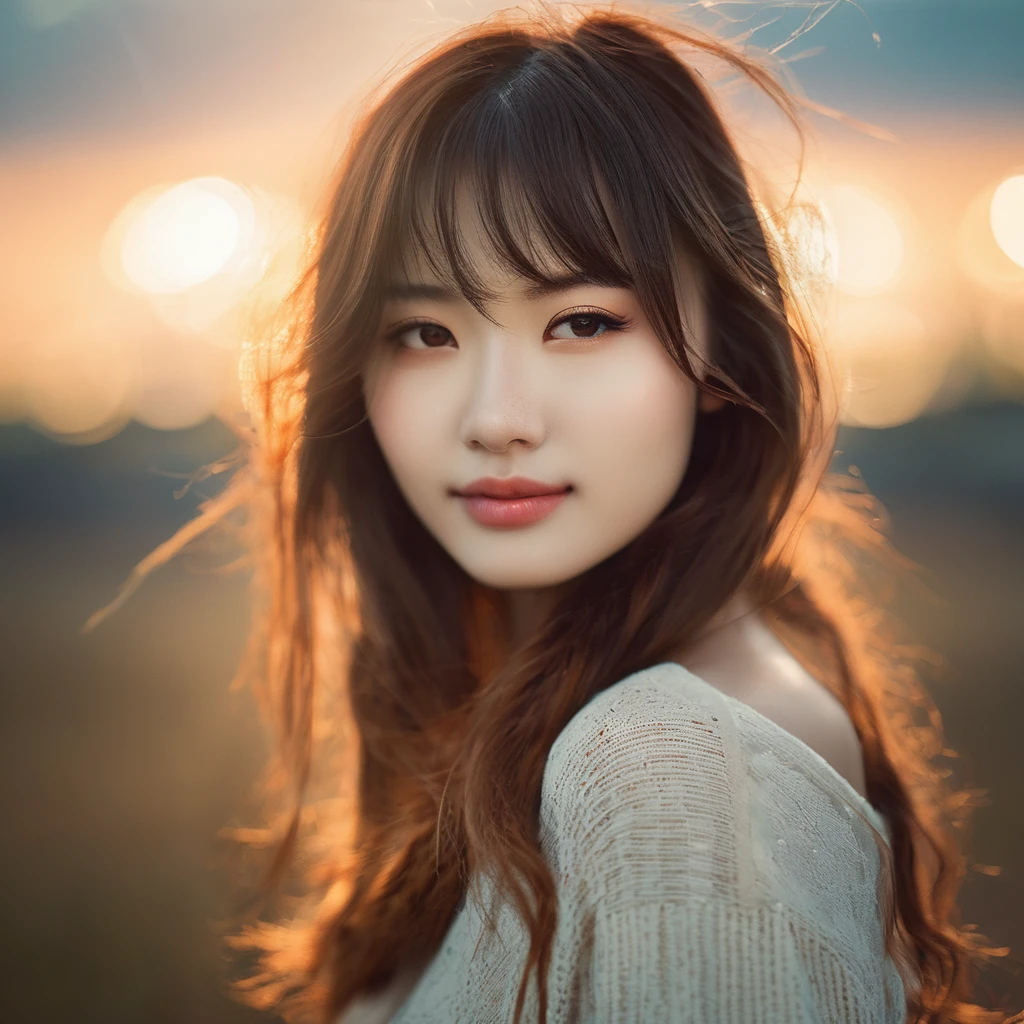 closed lips, cute smile, cinematic photo (art by Mathias Goeritz:0.9) , photograph, from side, most beautiful British-Japanese girl, Random expression,The setting sun, cloud, tilt shift, H, specular lighting, film grain, Samsung Galaxy, F/5, (cinematic still:1.2), freckles . 35mm photograph, film, bokeh, professional, 4k, highly detailed ,1 girl,midjourney,yuzu, perfect, fingers, ,Extremely Realistic