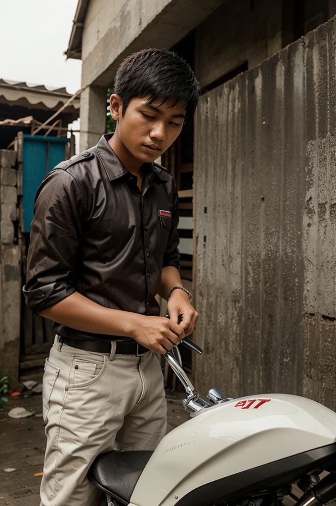 Indonesian, 20 year old man wearing uniform washing motorbike