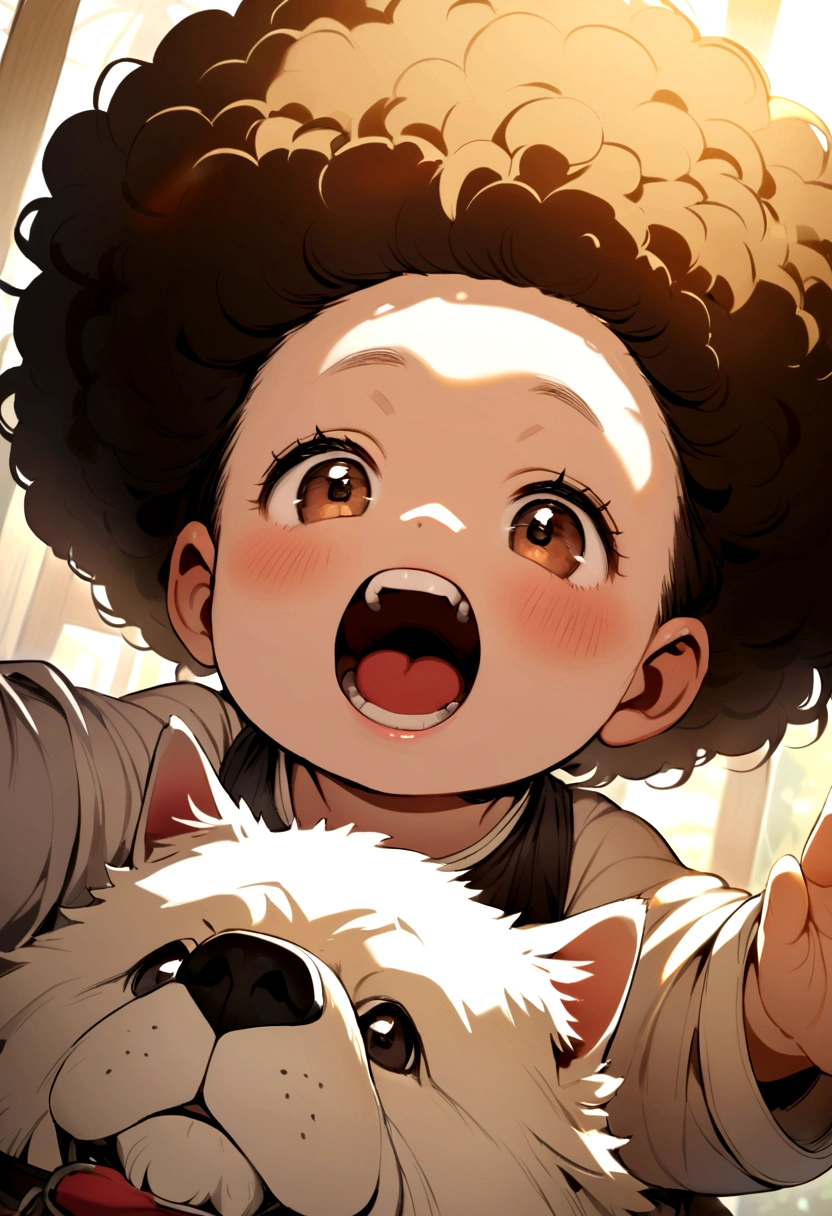  with a clear complexion, afro hair with dog bosal, showing teeth