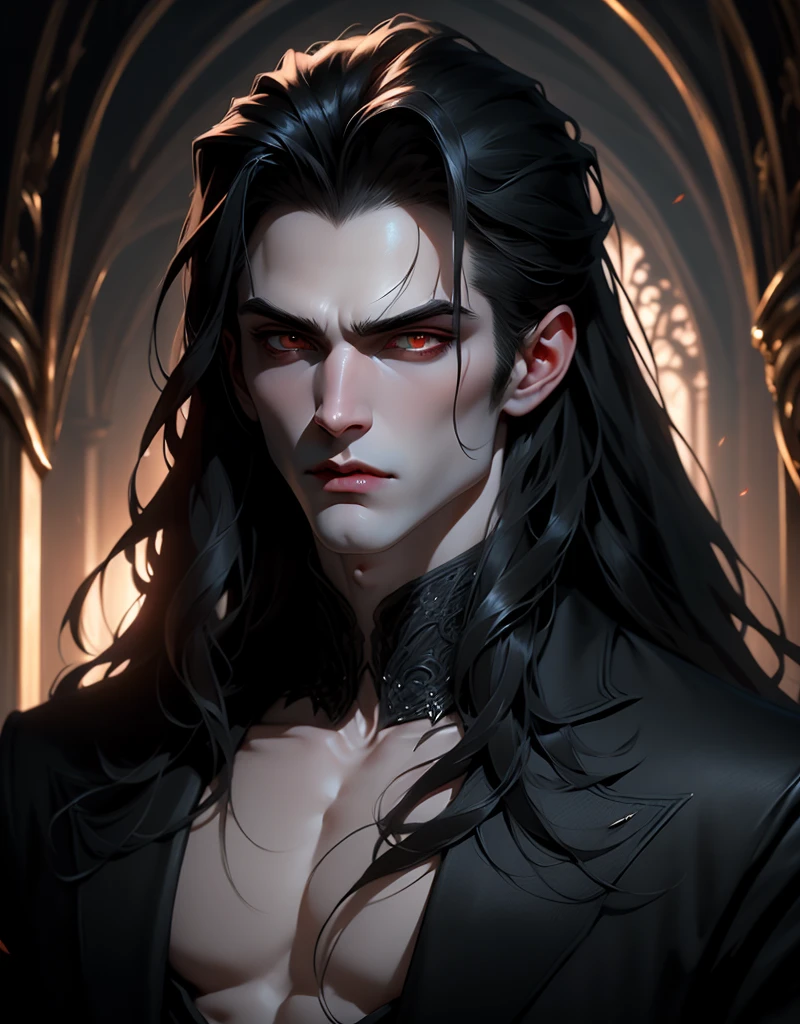 {anatomy}(Masterpiece - Ultra-detailed, very high resolution) Prepare to be enchanted by a true masterpiece that combines ultra-detailed art with high-resolution rendering. This work portrays a vampire man with long black hair (1.3) and captivating golden eyes (1.2), emanating an aura of mystery in decadent settings. The intricate details and realistic textures invite you to explore every aspect of this enchanting composition. Vampire man wearing black. Serious expressions. Pale skin like a vampire.