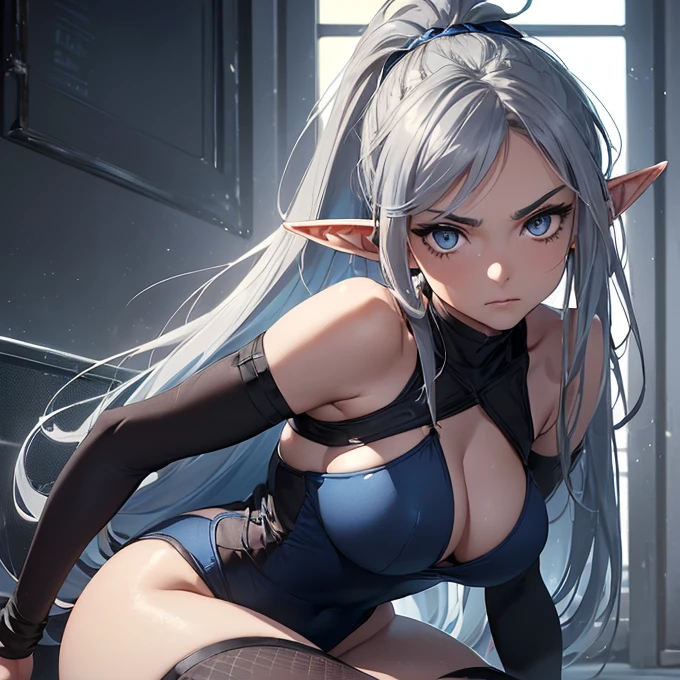 (absurdres, best high quality image, carefuly detailed features and textures, very detailed image, solo character alone, front character view): {{Elf queen 1.000 years old mature adult milf} (beautiful face, short pointy elf ears sexy feminine and sexy features, beautiful silver eyes, voluptuous body, big breasts, huge butt, beautiful legs, dark blue long straight hair tied in a ponytail, black blue eyebrows), (blue one-piece leotard, black elbow sport pads, black sport knee pads, blue sport shoes, blue wristbands, cleavage), (serious face, analytical demeanor, full of wisdom and seriousness), (sexy seductive pose at the grey forest full of grey abd red trees)}}