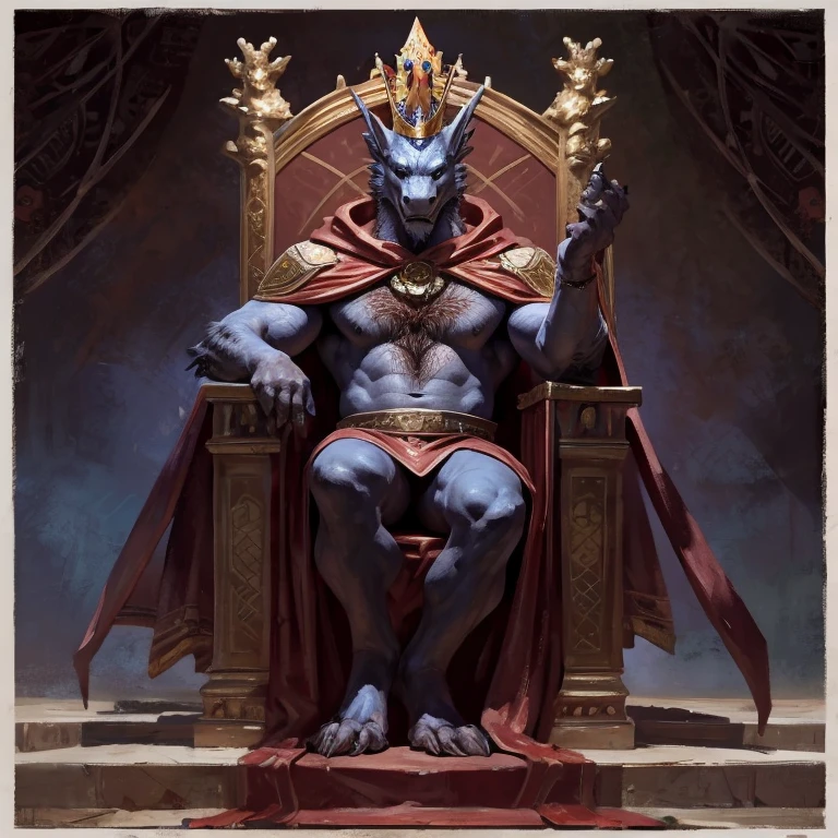 By Taran Fiddler, solo, red dragon, male, chest hair, throne, king, crown, regal, cape, ((upper body)), portrait