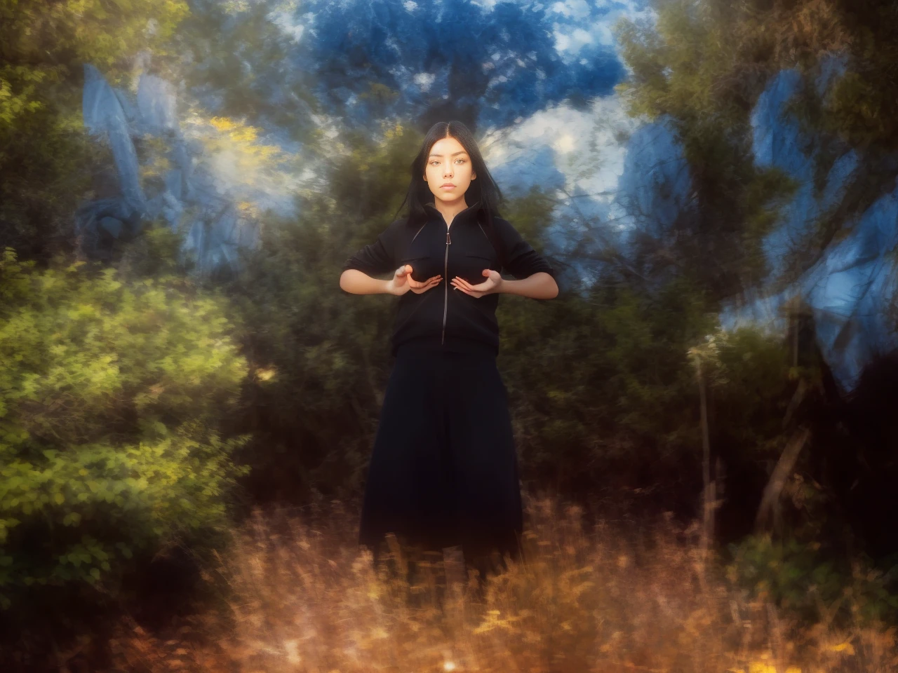 a  girl, yellow Jacket, hands in pockets, Staring at another person, long black hair, heterochromic eyes, heterochromic eyes, Heterochromic pupils, 8k resolution, Very detailed, anatomically correct, digital paint, conceptual art, Makoto Shinkai Style, clear image,