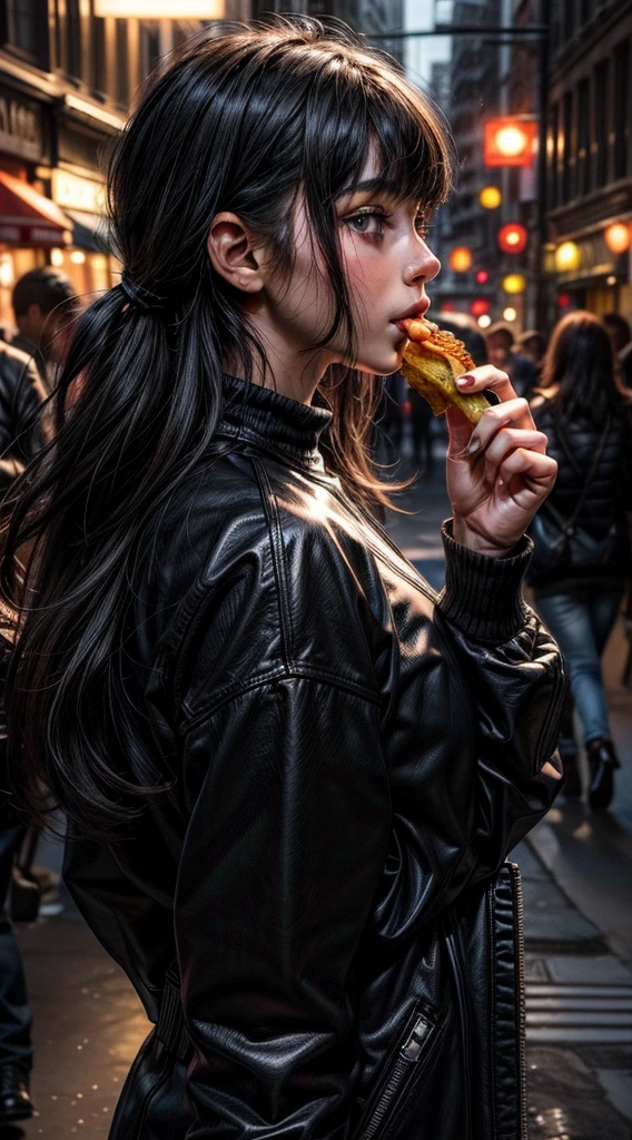 I need a photo of a girl eating a hamburger, Spotlight,  with backlight lighting (so the girl has to be in profile clearly)  black hair and black bangs eating hamburger