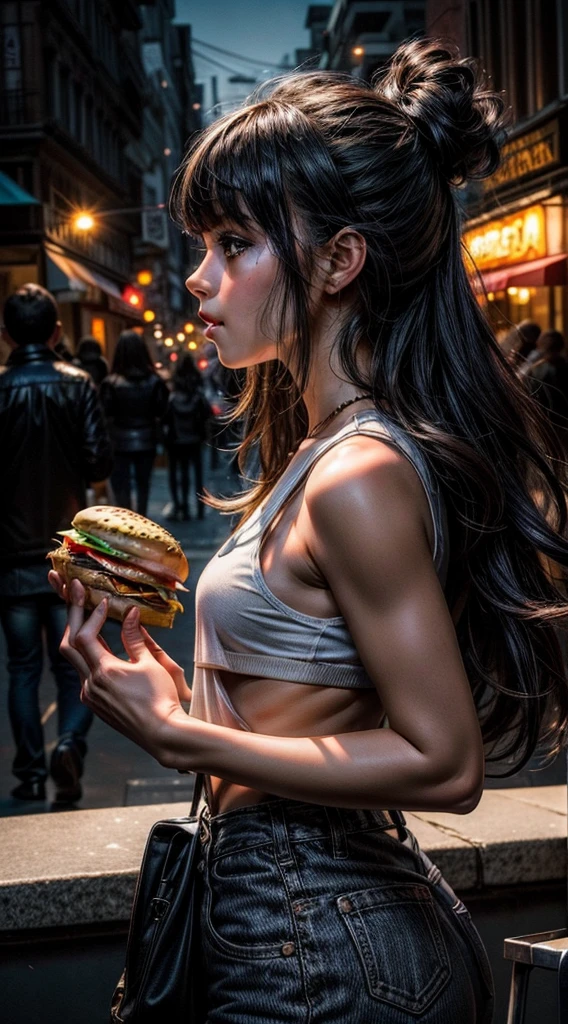 I need a photo of a girl eating a hamburger, Spotlight,  with backlight lighting (so the girl has to be in profile clearly)  black hair and black bangs eating hamburger