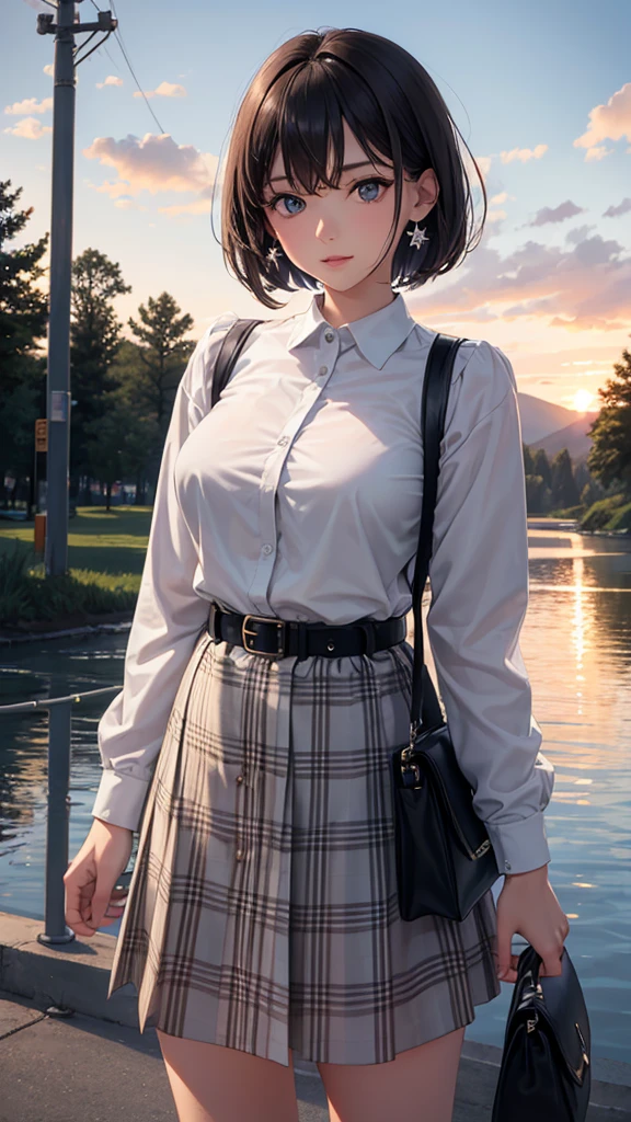 1girl, solo, breasts, looking at viewer, short hair, blue eyes, hazelnut hair, long sleeves, plaid shirt, gray plaid, holding, jewelry, medium breasts, closed mouth, standing, earrings, outdoors, sky, belt, cloud, water, bag, tree, lips, land vehicle, motor vehicle, reflection, sunset, black belt, car, river, lake