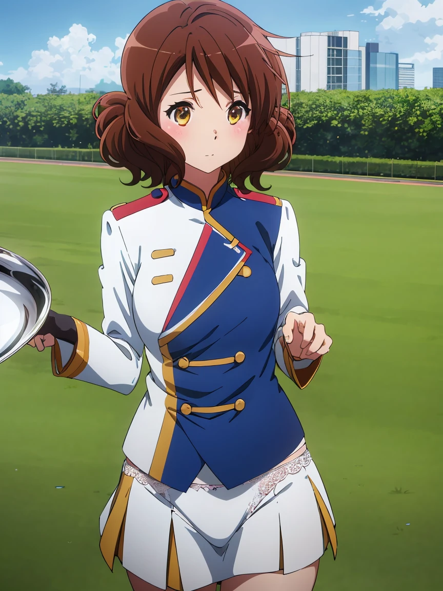 1 Girl,Cowboy Shot,Skirt flip,White lace panties,High quality anime、High resolution, Kumiko、Tabletop,band uniform,sunfes marching band uniform,[3D Images:1.5],[[Attractive eyes,Fine grain、Shining Eyes, Colorful eyes:1.15],whole、Looking at the audience,8K images,Cute Anime Girl