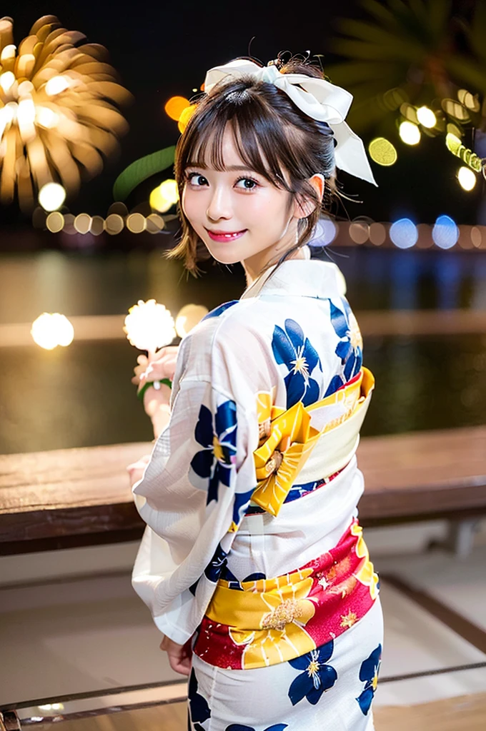 ((Highest quality, 8K, masterpiece: 1.3)),RAW Photos,Realistic atmosphere,Lens flare, Ray Tracing,(Detailed beautiful white skin:1.3),Beautiful Japanese, High-resolution face,shiny light brown hair,Bun Hair,Red and gold hair ornament,(Watching the fireworks wearing a floral yukata:1.2),Huge fireworks,(White yukata with sleeves:1.2),((Ribbon-type obi:1.3)),((Looking back with an innocent smile:1.3)),Blurred grand fireworks,(Many colorful fireworks:1.tar Mine,Fireworks across the sky,Large fireworks