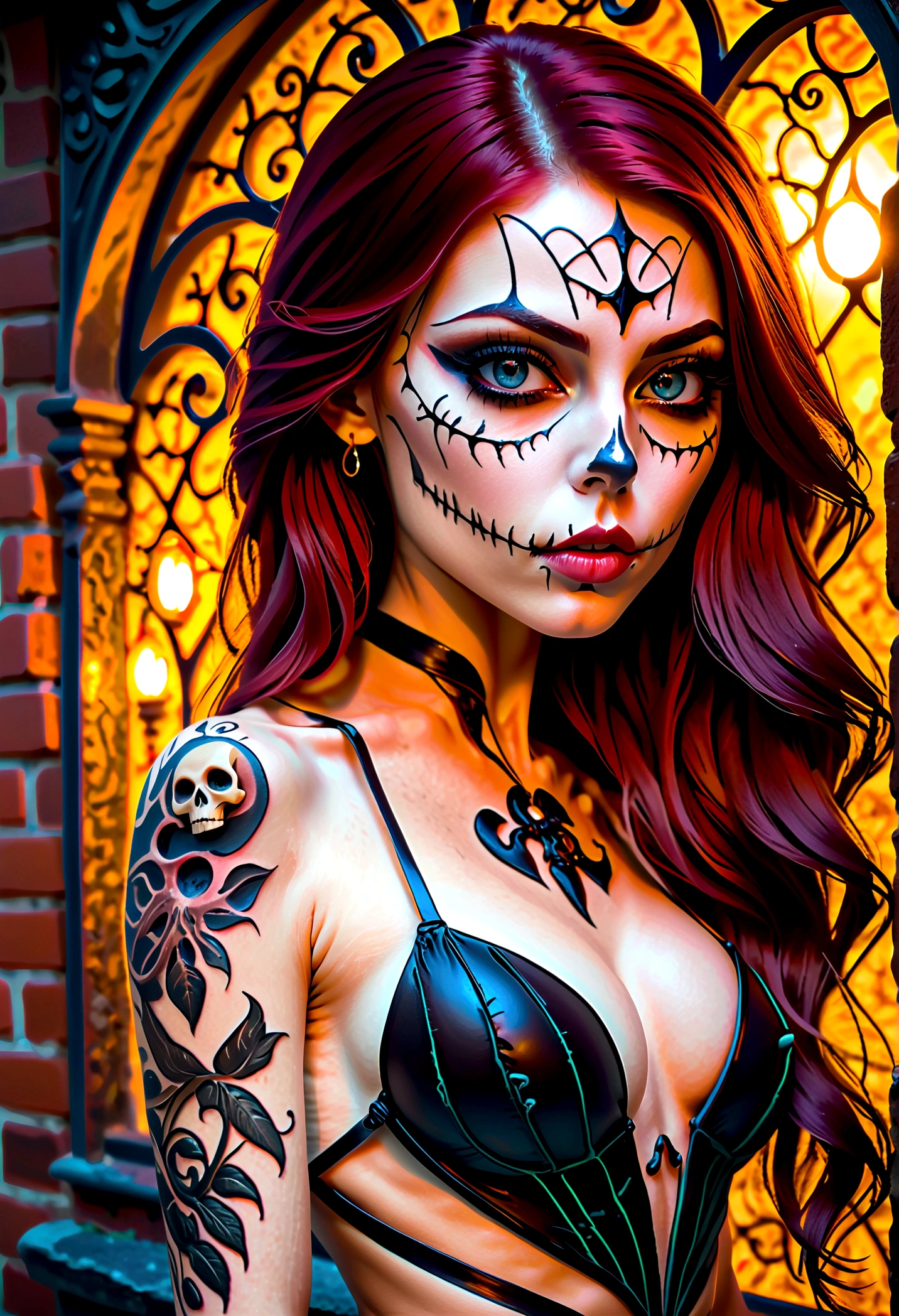 Create a hyper detailed photograph of a nightmare before Christmas tattoos young stunning gorgeous sexy sally Skellington, Stunningly perfect gorgeous face, perfect skeleton make up, detailed vibrant eyes, long hair,detailed perfect beautiful legs, detailed perfect beautiful arms, realistic torso, detailed pale silky smooth skin, detaile perky breast, perfect round ass, transparent strappy slingshot lingerie, back to camera looking forward,