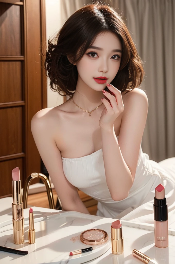 ((top quality, 8K, masterpiece: 1.3)), lens flare, full body shot, indirect lighting, (a little smile : 1.3), ((1 korean woman), (20 years old), (beauty: 1.4), slim body, slim face, realistic skin, ((medium curly hair : 1.3), (strapless mini dress, long legs, see-through pantyhose, choker necklace, precious metals, high heels), (Make-up room, closet, footboard, powder room), (The woman applies lipstick to her lips in a pose that faces the makeup mirror, she bend forward her upper body and puts her hips back), very detailed look, very detailed lips, detailed eyes, precise gaze, beautiful call girl, Clear eye line, abundant eyelashes, double eyelid, detailed fingers, detailed legs, natural anatomy, cosmetics pouch, flour, cosmetics, Nail art, feminine accessories