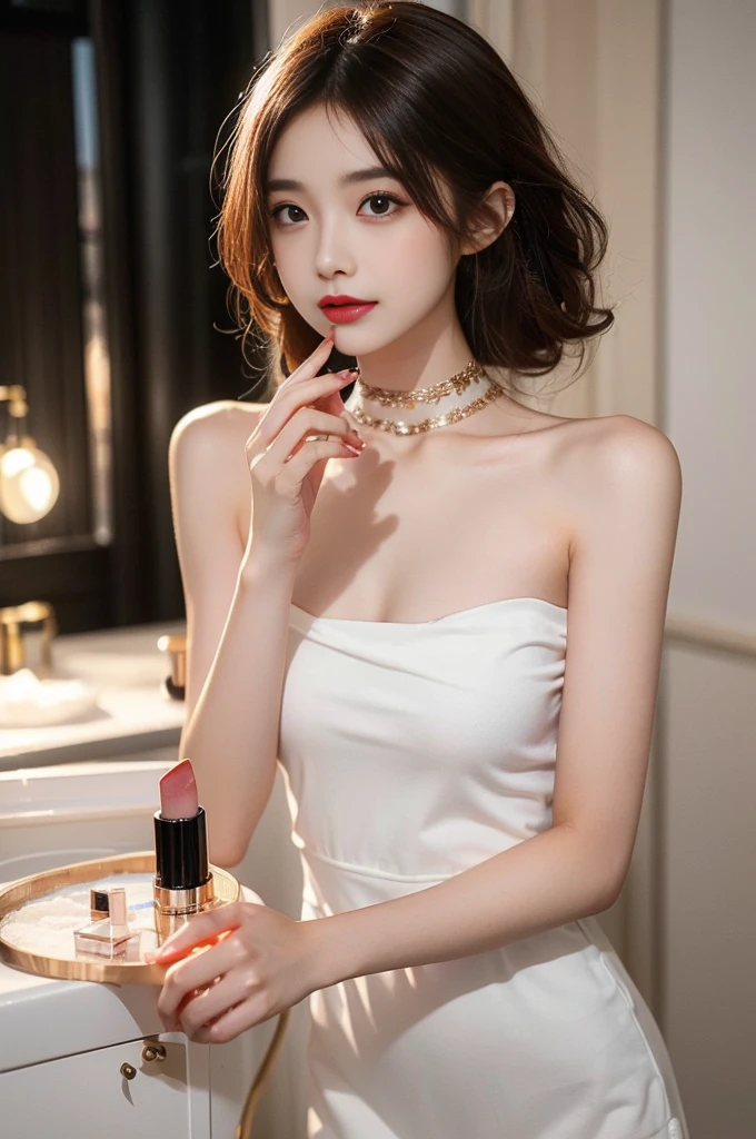 ((top quality, 8K, masterpiece: 1.3)), lens flare, full body shot, indirect lighting, (a little smile : 1.3), ((1 korean woman), (20 years old), (beauty: 1.4), slim body, slim face, realistic skin, ((medium curly hair : 1.3), (strapless mini dress, long legs, see-through pantyhose, choker necklace, precious metals, high heels), (Make-up room, closet, footboard, powder room), (The woman applies lipstick to her lips in a pose that faces the makeup mirror, she bend forward her upper body and puts her hips back), very detailed look, very detailed lips, detailed eyes, precise gaze, beautiful call girl, Clear eye line, abundant eyelashes, double eyelid, detailed fingers, detailed legs, natural anatomy, cosmetics pouch, flour, cosmetics, Nail art, feminine accessories