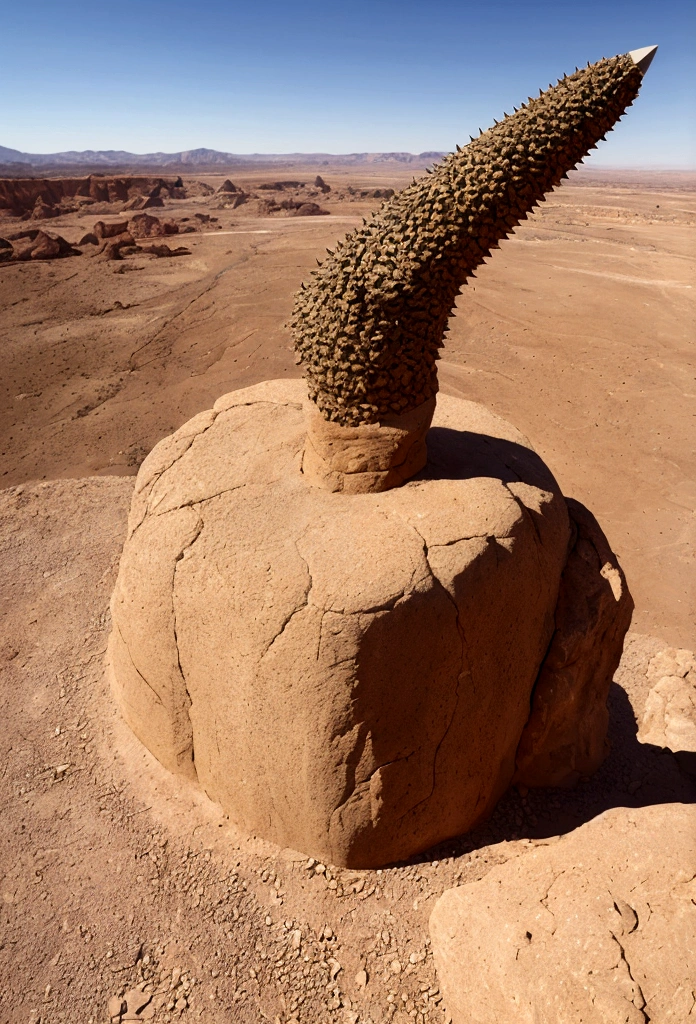 a giant fist  in stone on the desert with spikes on the top of the fist 