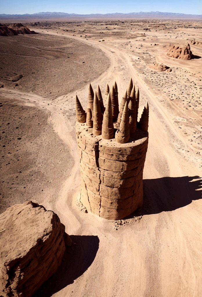 a giant fist in stone on the desert with spikes on the top of the fist