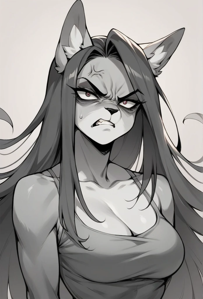 Girl Anthropomorphic cat, long hair, half body , angry stare