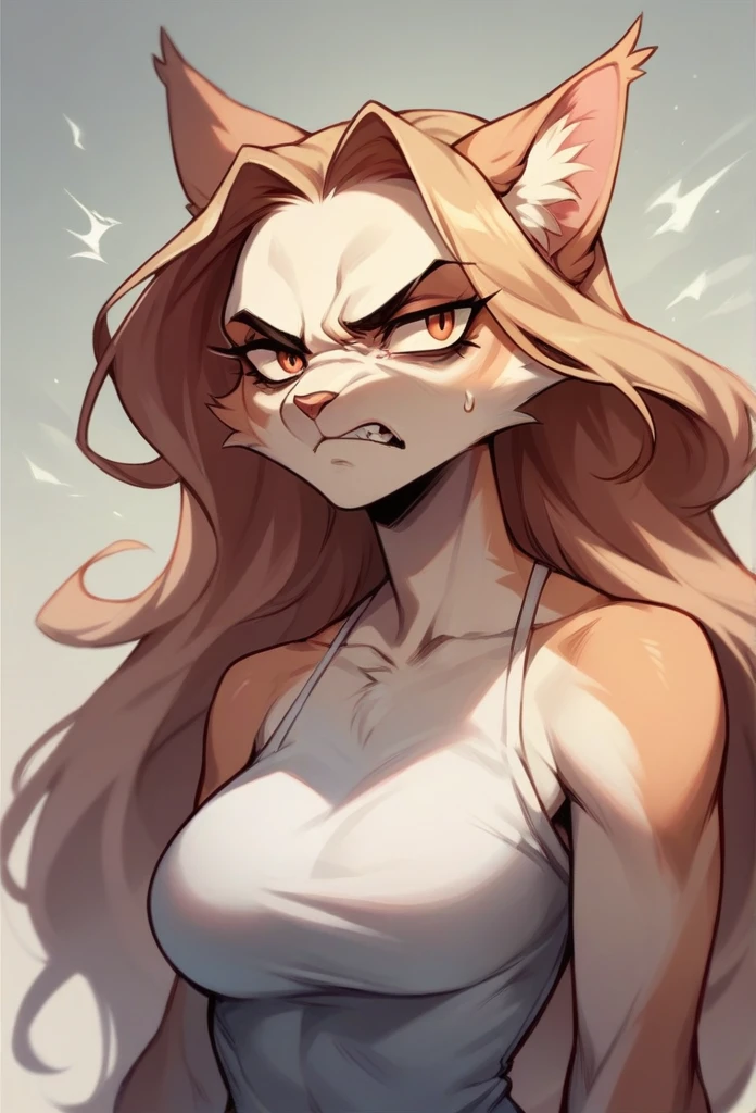 Girl Anthropomorphic cat, long hair, half body , angry stare