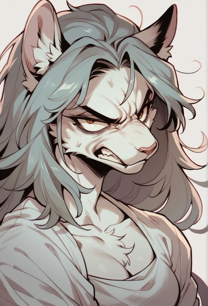 Girl Anthropomorphic cat, long hair, half body , angry stare