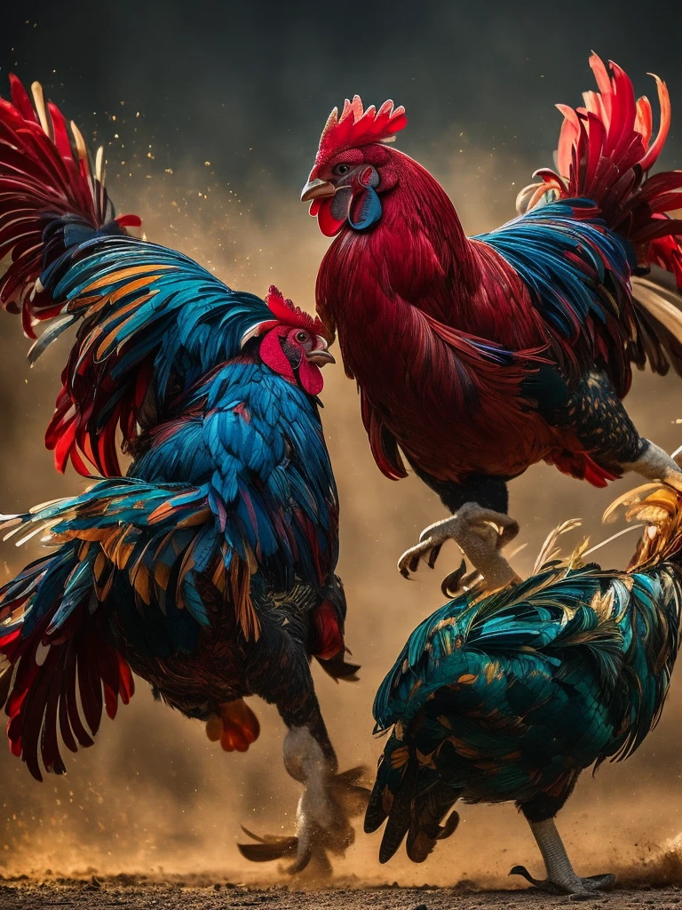 Two distant roosters locked and one of them is jumping showing their rooster feet. This cinematic fight scene captures the intensity of their struggle as they clash with ferocity. The image is a detailed painting that showcases the intricate feathers of the roosters, their gleaming eyes, and the tension in their bodies as they face off. Every brushstroke exudes a sense of drama and adrenaline, drawing the viewer in with its vivid and dynamic portrayal of this high-stakes