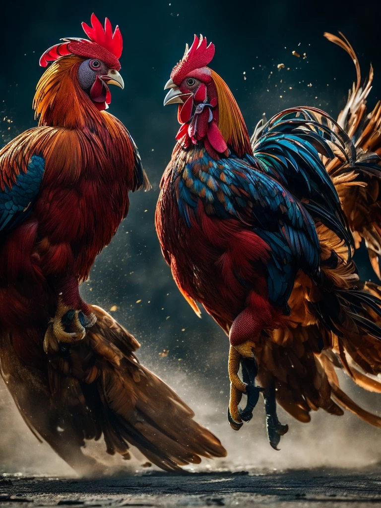 Two distant roosters locked and one of them is jumping showing their rooster feet. This cinematic fight scene captures the intensity of their struggle as they clash with ferocity. The image is a detailed painting that showcases the intricate feathers of the roosters, their gleaming eyes, and the tension in their bodies as they face off. Every brushstroke exudes a sense of drama and adrenaline, drawing the viewer in with its vivid and dynamic portrayal of this high-stakes