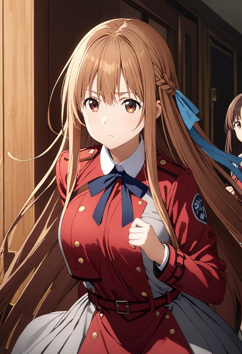 Highest quality、Super detailed、High resolution illustrations、Ultra-high-definition CG、８k size wallpaper、Production Art、Light novel illustrations、asuna yuuki, long hair, bangs, brown hair, brown eyes, very long hair, braid,, shirt, long sleeves, dress, ribbon, white shirt, collared shirt, belt, neck ribbon, red dress, blue ribbon, pleated dress, grey dress, two-tone dress, Red belt, lycoris uniform, Running with a gun、