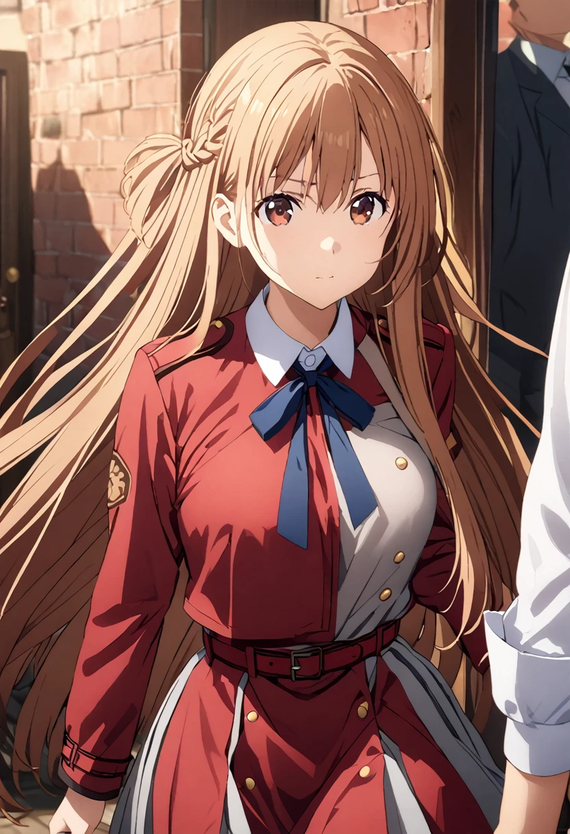 Highest quality、Super detailed、High resolution illustrations、Ultra-high-definition CG、８k size wallpaper、Production Art、Light novel illustrations、asuna yuuki, long hair, bangs, brown hair, brown eyes, very long hair, braid,, shirt, long sleeves, dress, ribbon, white shirt, collared shirt, belt, neck ribbon, red dress, blue ribbon, pleated dress, grey dress, two-tone dress, Red belt, lycoris uniform, Running with a gun、