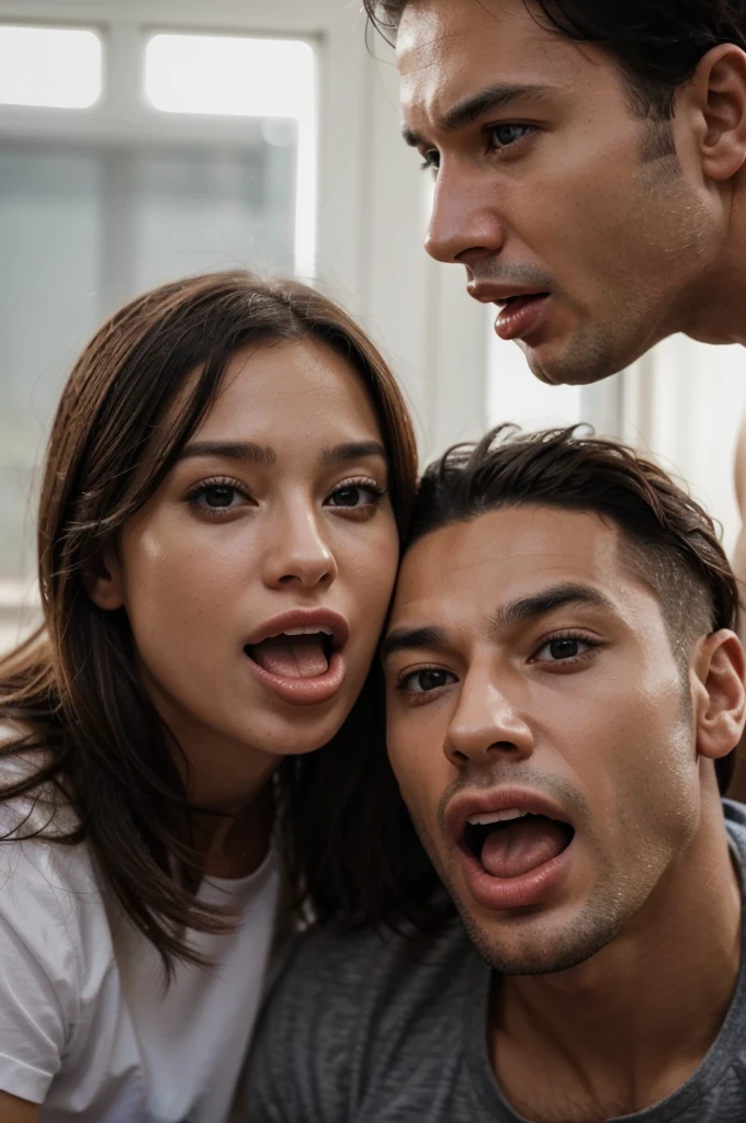 a man and a woman looking at each other with their mouths open and showing their tongues, image ultra realistic