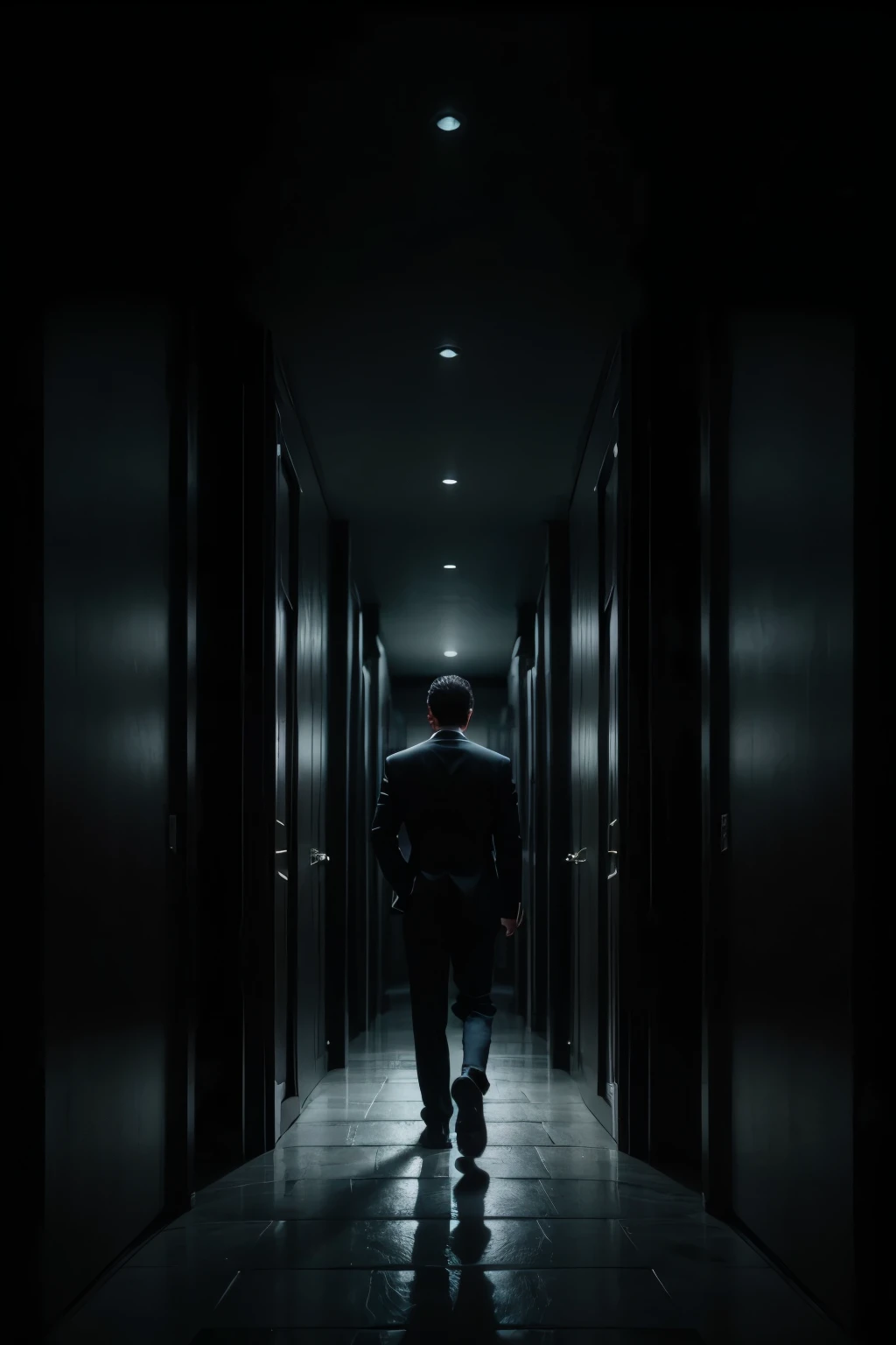 Create a man walking through a dark black maze with several closed black doors