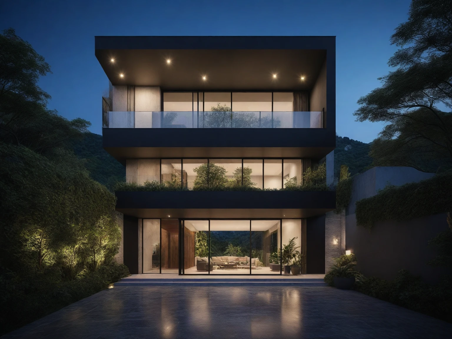 3D render of a beautiful house, Dark, gray tones, white wall. lumion render, night time render, insanely detailed rendering, realistic architecture, architectural visualization. The house is adorned with elegant lighting and plants to enhance its exterior appearance in a Vietnam city street. The staircase leading into the house is tiled with black marble and has bright LED lights. Behind are hills and mountains with clear blue sky. balcony with green plants. The main door is made of black aluminum and glass reaching up to the ceiling. Looking through the glass windows to look inside the house with luxurious interiors with luxurious and warm lights, interior lighting rendering and lighting effects. marble and wood and glass, dark and modern, luxcore render, taken with professional photography techniques, using a wide angle lens with bright natural light and high resolution details, in the style of professional photograph, hyper realistic, highly detailed.